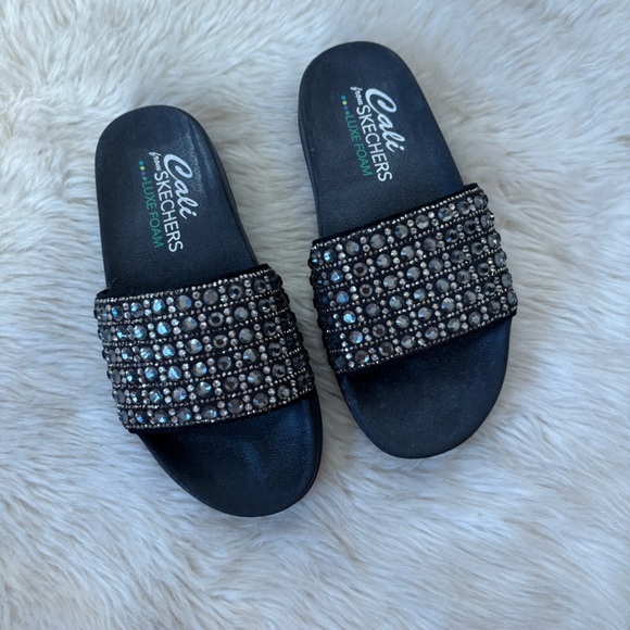 Skechers Black Rhinestone Embellished Slide Sandals - Picture 1 of 7